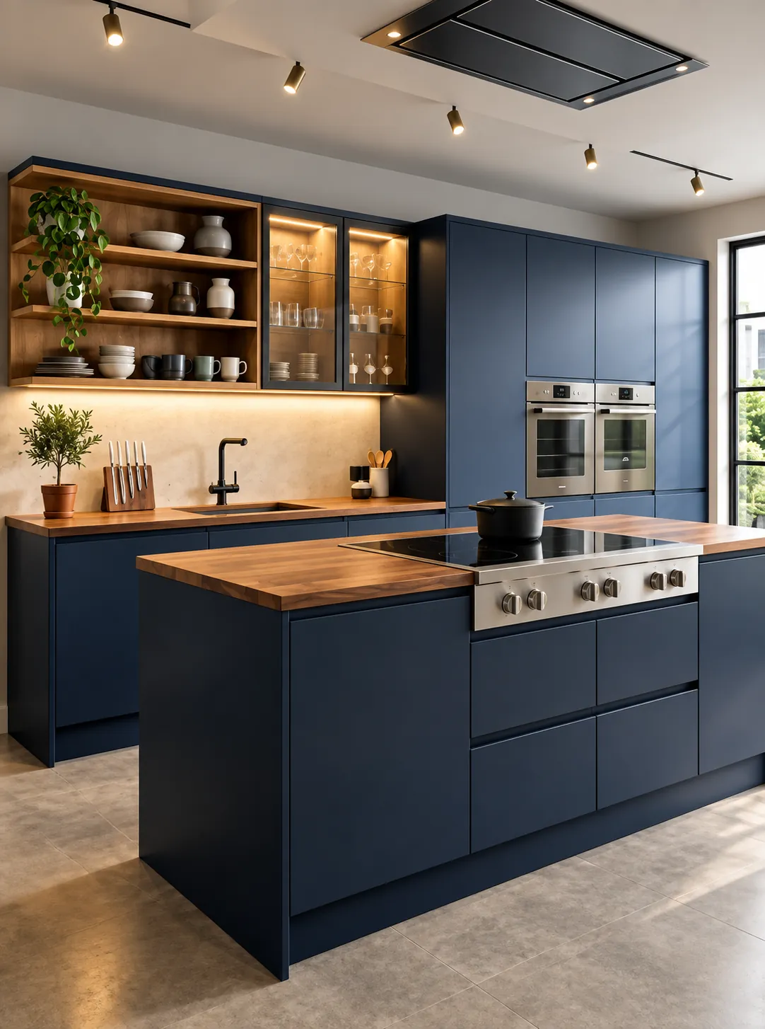 Navy blue modular kitchen with wood countertop and central island